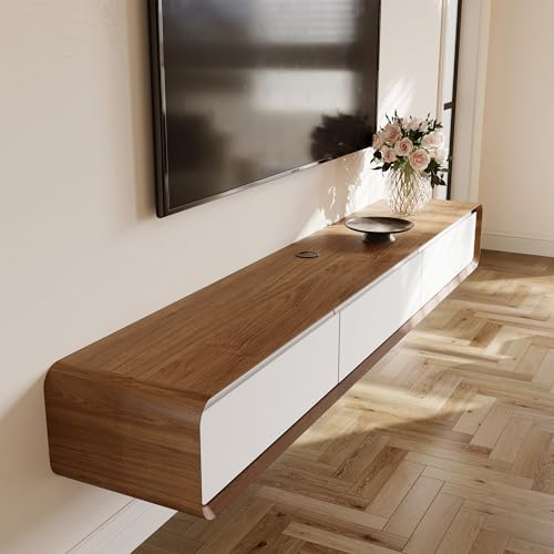 POVISON TV Schrank schwebend 160cm modern Weiß& Walnussholz aus Massivholz mit 3 Schubladen, TV Lowboard hängend mit Kabelmanagement hochwertig, Komplettmöbel mit Stauraum für Wohnzimmer
