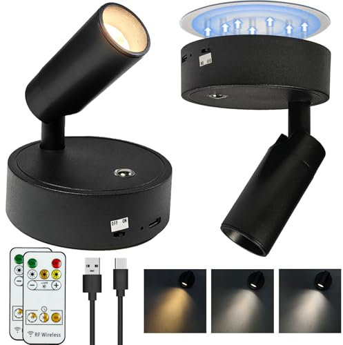 Yukrilt Black 2 Pack Dimmable LED Lights for Bedroom - Battery Wall Light with 3 Lighting Colors, 350° Rotate, Magnetic and USB Rechargeable Wireless Wall Lights with Remote