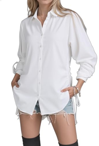 WOWENY Bluse Damen V-Ausschnitt Hemdbluse Langarm Longbluse Tunika mit Kordelzug Lässiges Langarmshirt zum Knöpfen Casual Aufrollen Tops,Weiß,S
