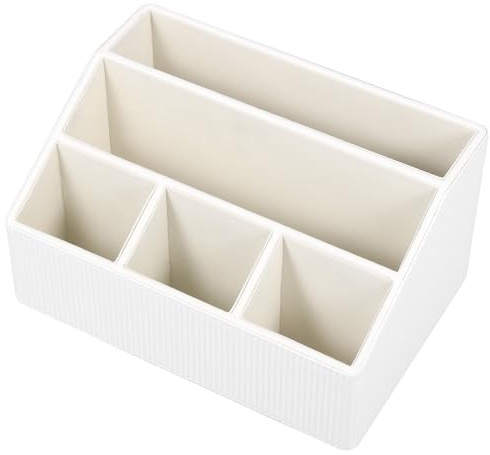 Eyoulife Fernbedienungshalter Trapez 5 Partition 26x18x13,5 cm Fernbedienung Organizer Holz Glatt Kann Aufbewahrung Fernbedienung Brille Schlüssel für Büro Schreibtisch Nachttisch Wohnzimmer (Weiß)