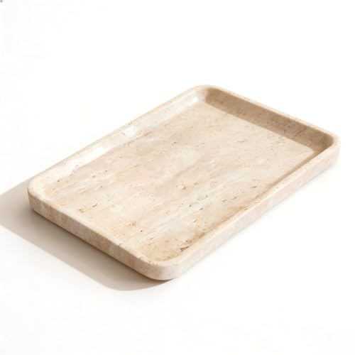 Plateau de vanité en travertin beige pour bijoux 25 cm | Petit plateau rectangulaire pour salle de bain et coiffeuse pour parfum, bijoux et clés