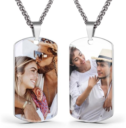 AAQ collana con foto personalizzata - Collana personalizzata con foto e testo per uomo e donna, Regalo donna uomo personalizzato per compleanno e Natale (Stampa UV - Argento - Foto su entrambi i lati)