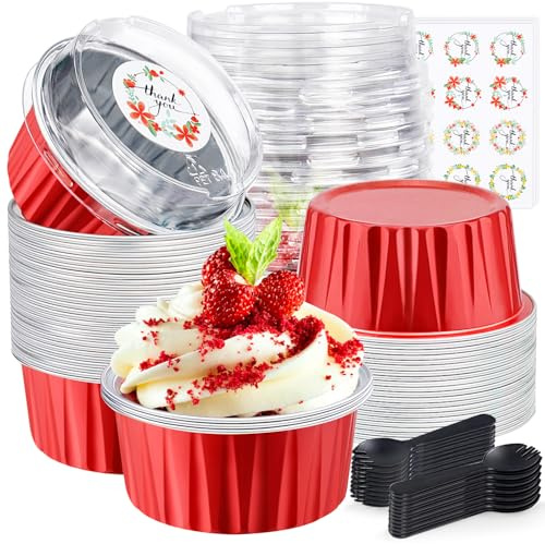 Mini Cake Pans with Lids Aluminum Foil, ZOXILEN Disposable Mini Baking Pan with Lids Spoons 5oz/125ml, Round Small Loaf Pans Cake Tins Cheesecake Containers for Party Valentine's Day Red 30Pcs