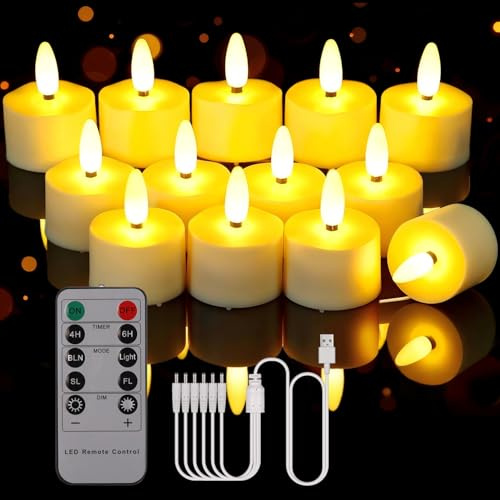 Porashine Wiederaufladbare Teelichter 6 Stück LED Kerzen Flackernd warmweiß/RGB mit Fernbedienung Timer USB Kabel 3D flammenlose für Zuhause Zimmer Tisch Halloween Weihnachtsdeko (6X 3D Warmweiß)