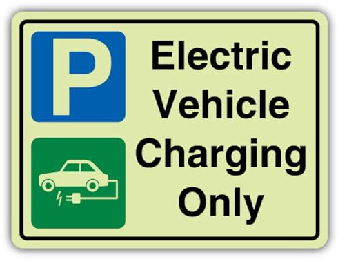 V Safety Photoluminescent Electric Vehicle Charging Only Safety Sign - 300 x 225 mm - 1.2mm Rigid Plastic - Standard Glow