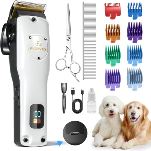 FuzzyFix Leise Hundeschermaschine Dichtes Fell, Profi Schermaschine Hund aus Edelstahl,Professionelle Hunde Haarschneidemaschine Hunderasierer für Dickes Lockiges Tierhaare,Weiß