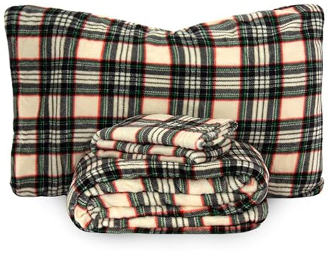 Morbidissimi Set Lenzuola Completo Letto in Pile Coral Tartan con stampa Scozzese, Termico, Morbido, Caldo per Letto Matrimoniale Panna