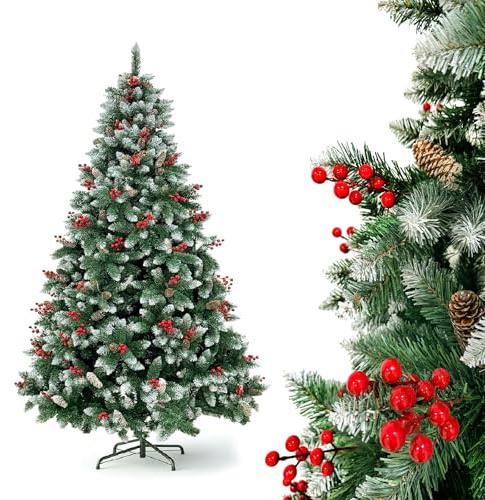 YOUDENOVA Premium julgran konstgjord med snö, konstgjord julgran, 180 cm, julgran med Ilex grankottar, snöträd, konst, julgran