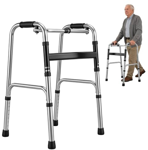 Déambulateur pliable sans roulettes, réglable en hauteur, étroit, stable, pliable, avec 4 pieds en caoutchouc