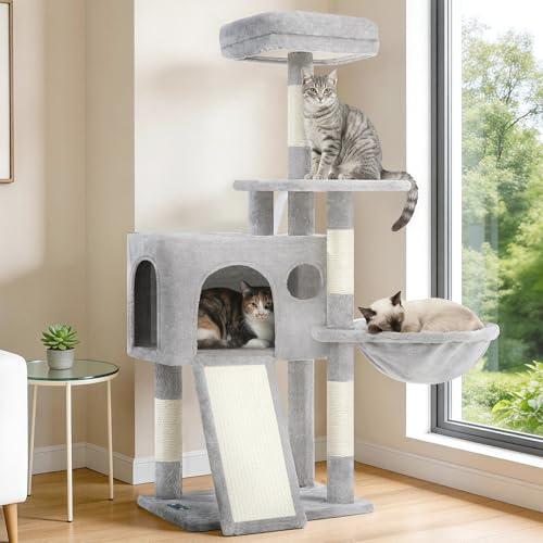 Gitelsnour Árbol Rascador para Gatitos, Torre de Gatos Interior de 107 cm, Árbol para Gatos con Postes Rascadores, Hamaca, Caseta y Pelota Colgante, Gris Claro GCT005SW