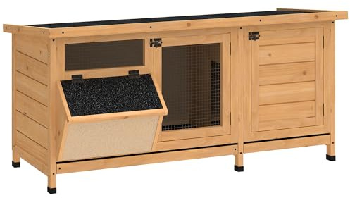 PawHut Conigliera in Legno da Esterno con Tetto in Asfalto, Gabbia per Conigli con Casetta e Porte con Chiavistello, Vassoi Estraibili e Mangiatoia, 112x50x54 cm, Giallo