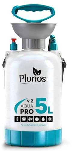 Plonos Drucksprüher 5 L - Gartenspritze mit Messingdüse und Edelstahl-Lanze 83 cm - Rückenspritze mit Schultergurt und integriertem Trichter - Aqua Pro Weiß Türkis