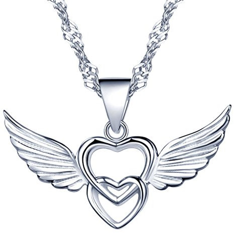 Yumilok 925 Sterling Silber Engelsflügel Ineinander Verschlungene Herzen Anhänger Halskette Kette mit Anhänger für Damen Mädchen
