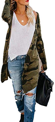Womens Camouflage Cardigan Open Front Lightweight Cardigans Fall Camo Shirt Long Sleeve Christmas Camouflage Tops Army Green S