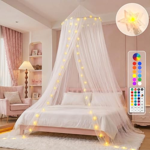 Obrecis Bed Canopy with LED Star Lights, Princess Canopy Bed Curtain with 18 Colors Changing String Lights Remote Timer for Girls Bedroom, Pink Red Blue White Dome Canopy for Twin to King Size Bed