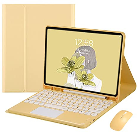 Étui avec Clavier Tactile Coloré pour iPad 6e/5e Génération, Air 2, Pro 9,7 - Souris Bluetooth, Clavier Rond et Pavé Tactile Amovible (Jaune)