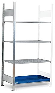 Regal Anbaufeld für Gefahrstoffe, 1012 mm x 2000 mm x 637 mm, Silber/blau, zur Lagerung von Kleingebinde, 4 Ebenen, mit Auffangwanne aus Stahl und 3 Gitterroste