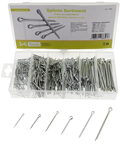 SeKi Splinte Sortiment 555 teilig aus verzinktem Stahl, Ø 1,6-4,0 mm, mit Sortimentskasten; Sicherungsstift Sicherungssplint Sicherungsbolzen