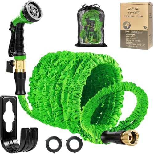 100feet Garden Hose Pipe Expandable Garden Hose with 3/4 Fittings, Anti-Leakage - Flexible Expanding Hose with 8 Function Spray Nozzle by Homoze(Green, 100feet)