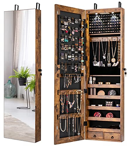 Giantex Wall Door Mounted Jewelry Armoire Cabinet with 47.5 H Full Length Mirror, 2 LEDs Lockable Jewelry Organizer Box with Bracelet Rod, 2 Drawers, Large Storage Capacity (Rustic Brown)
