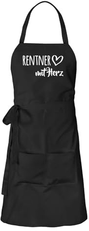 Huuraa Schürze Rentner mit Herz Geschenk | Latzschürze Baumwolle Kochschürze mit Motiv Geschenkidee verstellbare Grillschürze mit langen Bändern