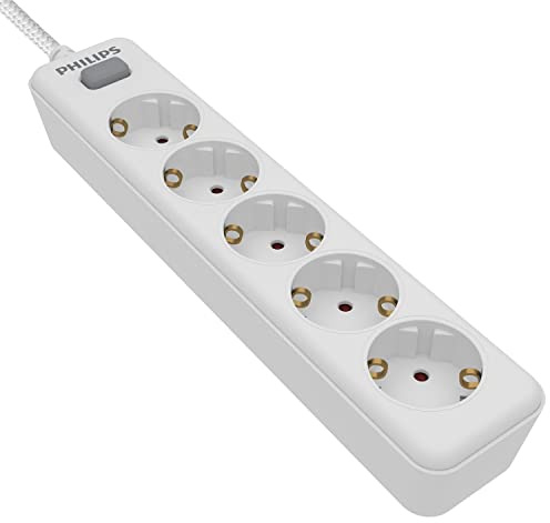 Philips SPN1142WA/10 - Steckdosenleiste mit 5 Steckdosen, Ein-/Ausschalter, geflochtenes Netzkabel 1,5 m (hohe Festigkeit) - Weiß