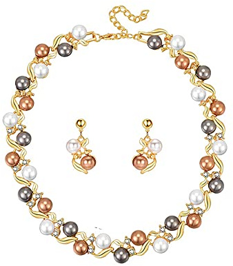 FFWTPY Wellenform Perlenkette Ohrringe Set Mehrfarbig Schmuckset Damen Elegant Hochwertig Halskette Ohrstecker Kombination