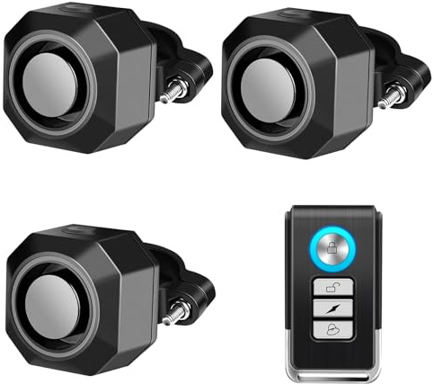 Cruxer Paquete de 3 alarmas de bicicleta con 1 mando a distancia, alarma de vibración antirrobo inalámbrica recargable por USB, volumen de 110 dB y sensibilidad ajustable, sistema antirrobo para