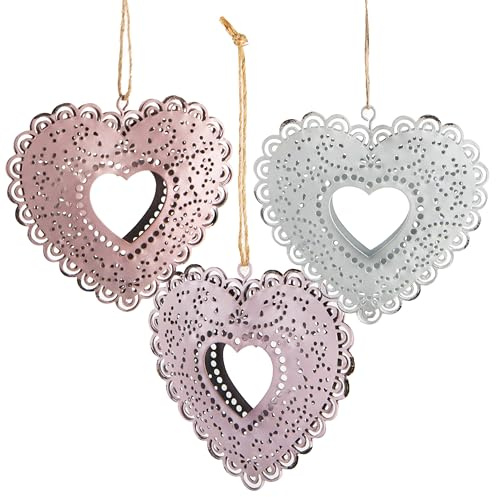 Metallherzen zum Aufhängen, 3er Set: Herzanhänger Metall, Anhänger Herzen, Dekoherzen Valentinstag, Frühling, Ostern, Muttertag, Frühlingsdeko Zweige, Blechherzen Deko, Hängedeko, Rosa & Weiß, 9,5 cm