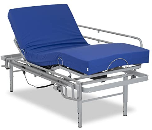 Gerialife - Pflegebett elektrisch verstellbar mit verstellbaren Beinen/Pflegematratze mit Kaltschaumkern und wasserdichtem Bezug Visco (80x200 + Geländer)