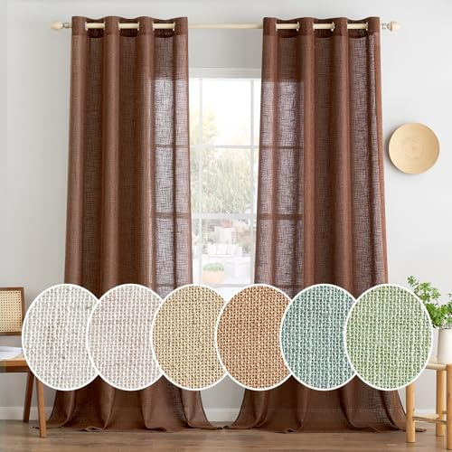 MIULEE Gardinen Leinen mit ösen Halbtransparent Vorhänge Kaffe 225x140 cm