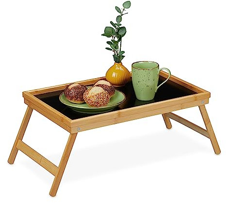 Relaxdays Vassoio Colazione a Letto, Tavolino bambù, Gambe Richiudibili Bordo Rialzato 23 x 61,5 x 31 cm, Marrone Nero