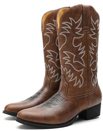 ANUFER Männer Stilvoll Gestickt Cowboy-Stiefel Western Absatz Spitze Zehe Slip-On Stiefel Mit Mittlerer Wade SN071164