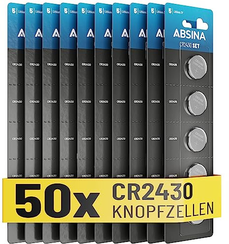 ABSINA CR2430 Knopfzelle 50er Pack - CR 2430 3V Knopfzellen auslaufsicher & Lange Haltbarkeit - Knopfbatterie CR2430, Batterie 2430, Knopfzellen CR2430, Batterien CR2430, CR 2430 Knopfzelle