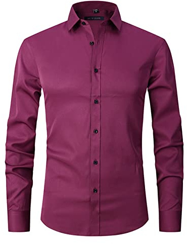 HAOLEI Men's Dress Shirts UK Clearance Long Sleeve Smart Casual Plain Button Shirt Non Iron Solid Turn Down Collar Business Shirts Regular Fit Stretch Wedding Work Office Oxford Formal Shirt Wine