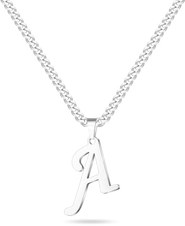 Mens Necklace - Silver Letter A Initial Necklace for Men Women Stainless Steel Letter Pendant Cuban Link Chain Initial Necklaces Graduation Fathers Birthday Gifts for Men Son Dad Husband Boyfriend