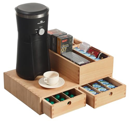 KIRIGEN Organizzatore da banco in legno per accessori da bar Organizzatore per capsule di caffè con cassetto colore naturale