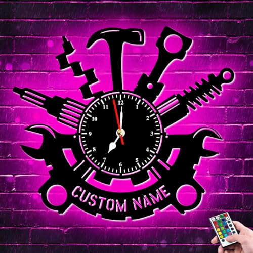 Orologio da parete personalizzato per officina di riparazione, insegna al neon, con nome in metallo personalizzato che si illumina, orologio da parete LED per officina di riparazione silenzioso al