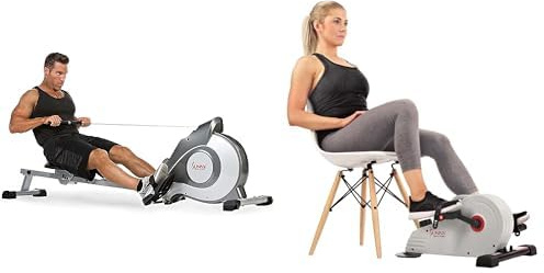 Sunny Health & Fitness Magnetic Under Desk Pedal Exerciser, Dual Function Mini Exercise Cycle Bike + Magnetic Rowing Machine, Folding Rower W/ LCD Monitor and 8 Level Resistance