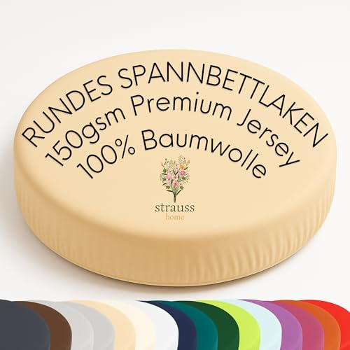 Strauss Home Drap-housse rond en jersey de qualité supérieure 100 % coton pour lit à sommier tapissier rond et lit à eau – Matelas rond – Hauteur jusqu'à 40 cm (sable/naturel)