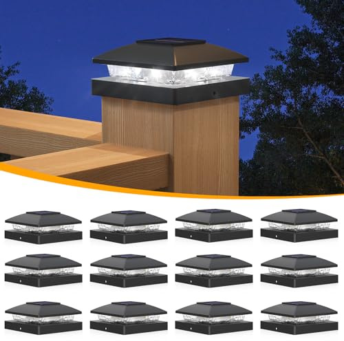 APONUO Solar Post Cap Lights for 4x4 Posts - IP64 Waterproof, 6500K LED, No-Wire Fence Lights & Deck Lights for Patio Garden Yard Patio, Black-Cool White, 12 Pack