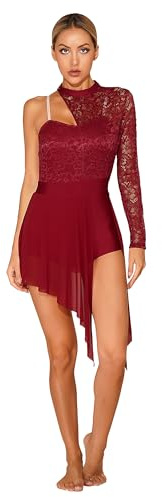 Yruioon Vestido de danza lírico para mujer, vestido de ballet de manga larga, con falda asimétrica, estándar, vals moderno, contemporáneo, B rojo vino., S