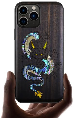 Carveit Étui pour iPhone 11 Pro Coque [Gravure en Bois et Incrustation de Coquille] Cover Compatible avec Apple 11 Pro Etui Bois Luxe et Case (Bois Sombre-Le Dragon Oriental)