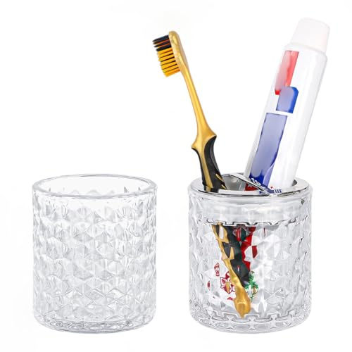 Fvstar 2pcs Toothbrush Holders for Bathrooms,Glass Toothbrush Holder and Bathroom Tumbler Set,Toothbrush and Toothpaste Holder with Divider,Bathroom Toothbrush Cup Holder (Clear and Silver)