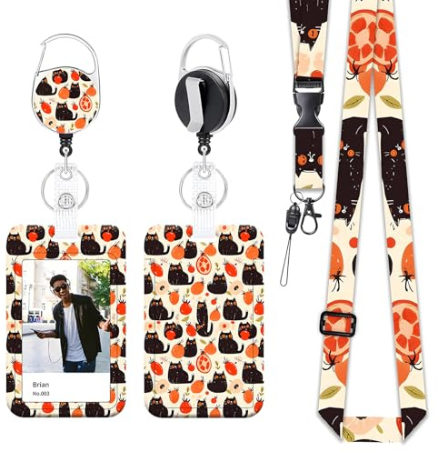 Yistoi Ausweishülle mit Band, Geeignet für Lehrer, Ärzte und Schüler | Ausziehbarer Schlüsselanhänger Badge Holder, abnehmbarem Lanyard mit ID Kartenhalter Set für Lehrer, Kakipflaume und Katze