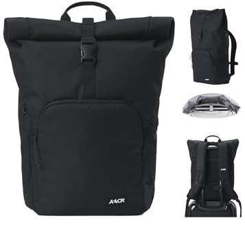 AEVOR Rolltop Medium, Rucksack für Damen und Herren, Handgepäck, 26-30L Volumen, 16 Laptopfach, Frontfach, ergonomisch gepolstert, leicht, Alltag, Beruf, Schule, Tagesrucksack, Black Eclipse, Schwarz