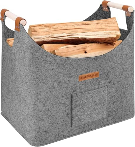 XL Log Baskets felt Bag extra thick felt and reinforced handle | Log Baskets for Wood Burner Indoor & shopping, wood, newspaper or firewood (Dove grey)