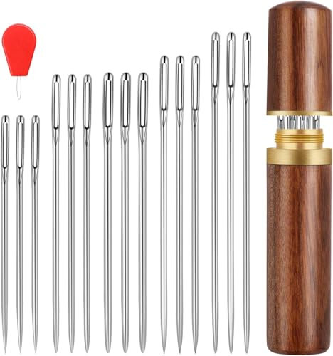 DTOFOOT 30 Stück Nähnadeln mit Großem Öhr, 5 Größen Nähnadeln Sticknadeln mit Nadelbox aus Holz Nähnadeln Großes Öhr Sticknadeln Set Stopfnadeln für Handnähen Garnstricken