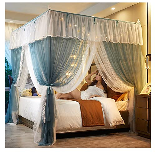 Princess Blue Luxus-Betthimmel für Mädchen, Edelstahl-Halterung, passend für 1,5 m/1,8 m/2 m Doppelbett, 200 x 220 x 200 cm