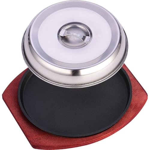 Glixoft Iron Plate Grill Steak Plate Korean Barbecue Dish Sizzling Bbq Grill Pan Metal Steak Plates Pan with Lid Round Western Food Cover Japanese Steak Plate
